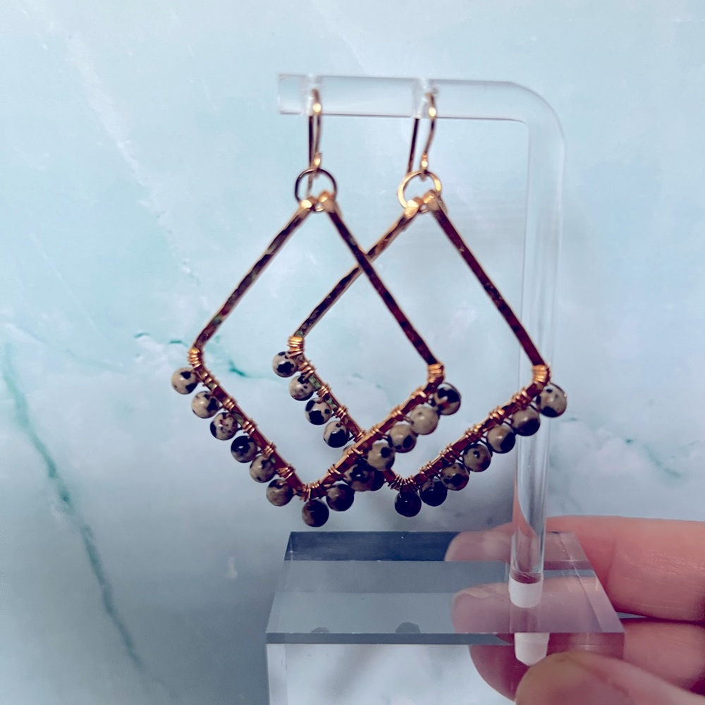 Gold vermeil jasper drop earrings. Hammered sterling-gold overlay, jasper.